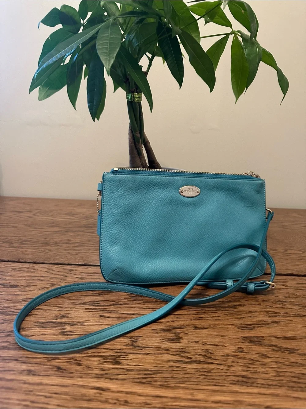 Coach Lyla Teal Pebbled Leather Double Zip Crossbody Purse